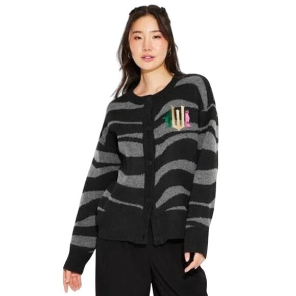 New Wicked Black Gray Zebra Stripe Button-Up Cardigan Sweater Large - Picture 1 of 6
